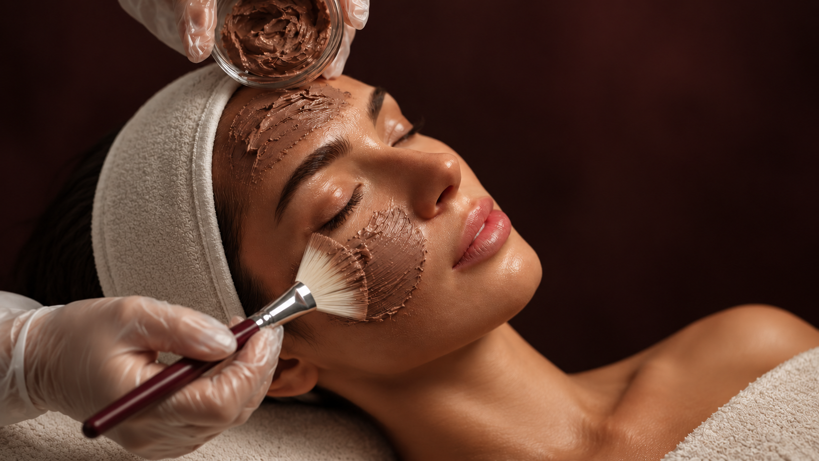 Cocoa Enzyme Treatment: cremige Cocoa-Maske wird mit dem Fächerpinsel auf die Wange aufgetragen